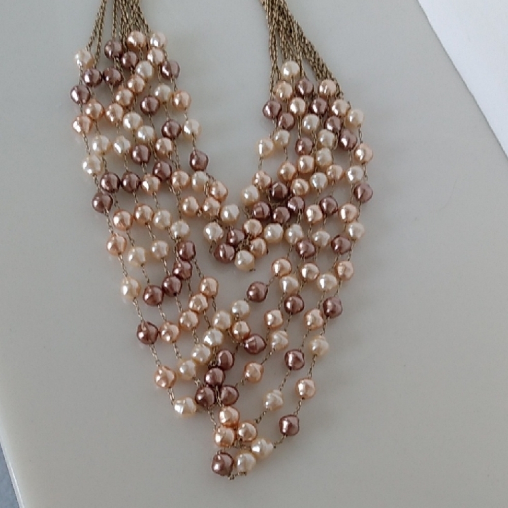 Pearl Chain Multi Strand Necklace Gold Tone Brown Ivory - Picture 3 of 11